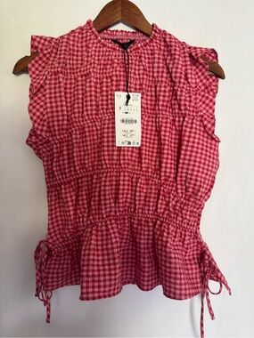 NWT ZARA Red and Pink Smocked Gingham Top